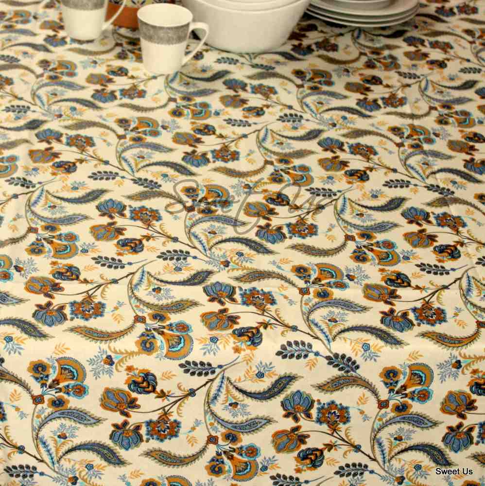 Wipeable Tablecloth Rectangle Spill Resistant French Acrylic Coated Floral Blue