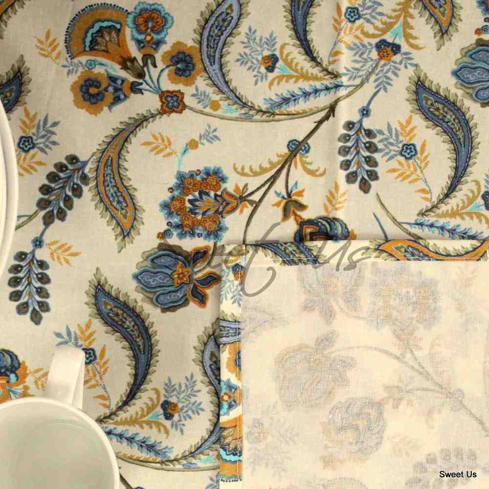 Wipeable Tablecloth Rectangle Spill Resistant French Acrylic Coated Floral Blue