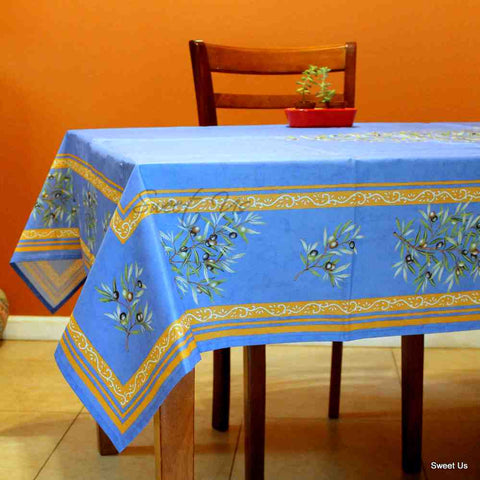 Wipeable Tablecloth 60x98 Spillproof French Acrylic Coated, Olive, Blue