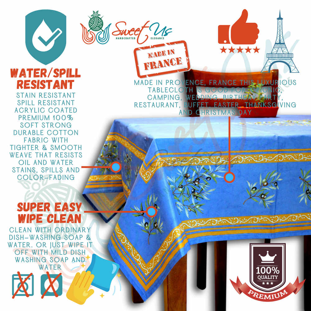 Wipeable Tablecloth 60x98 Spillproof French Acrylic Coated, Olive, Blue