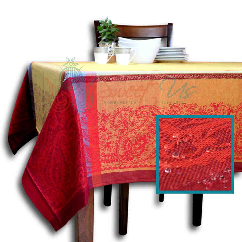 Fleur Paisley Easy Clean French Tablecloth Rectangle, Saffron Rouge