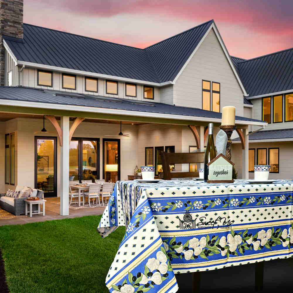 Herbal Vineyard Wipeable Tablecloth Stain Resistant French Acrylic Coated, Sky