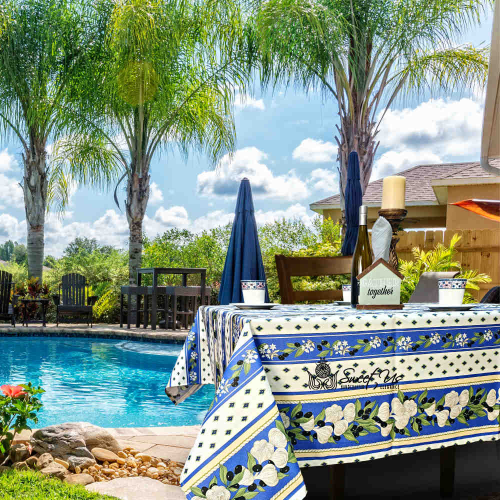 Herbal Vineyard Wipeable Tablecloth Stain Resistant French Acrylic Coated, Sky