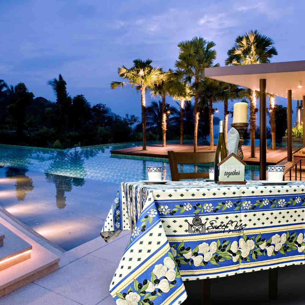 Herbal Vineyard Wipeable Tablecloth Stain Resistant French Acrylic Coated, Sky