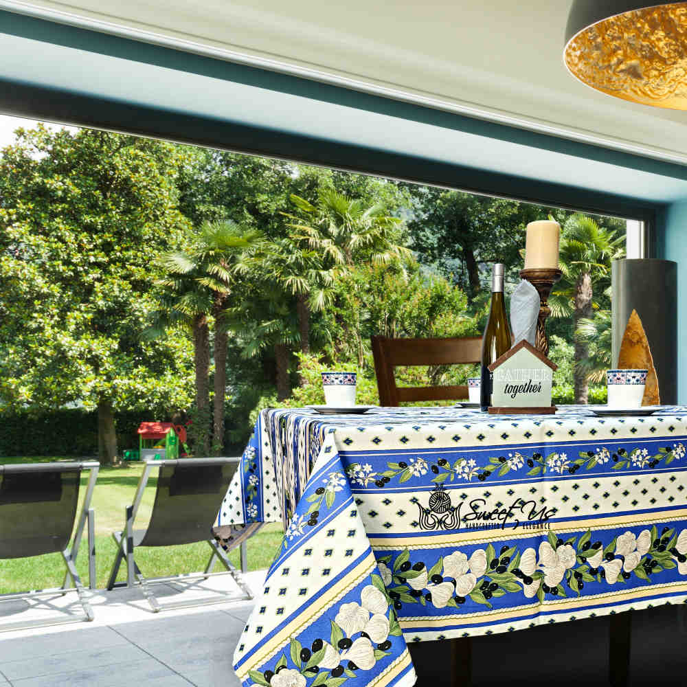 Herbal Vineyard Wipeable Tablecloth Stain Resistant French Acrylic Coated, Sky