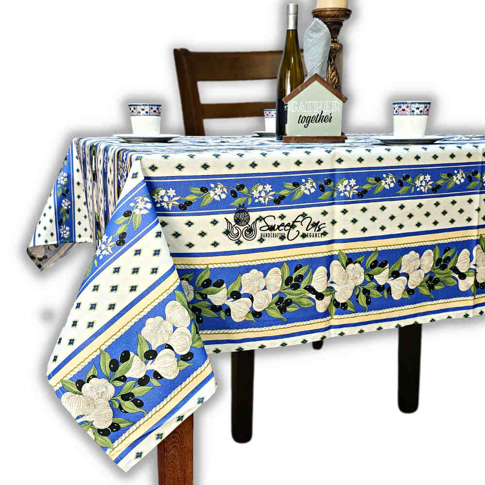 Herbal Vineyard Wipeable Tablecloth Stain Resistant French Acrylic Coated, Sky