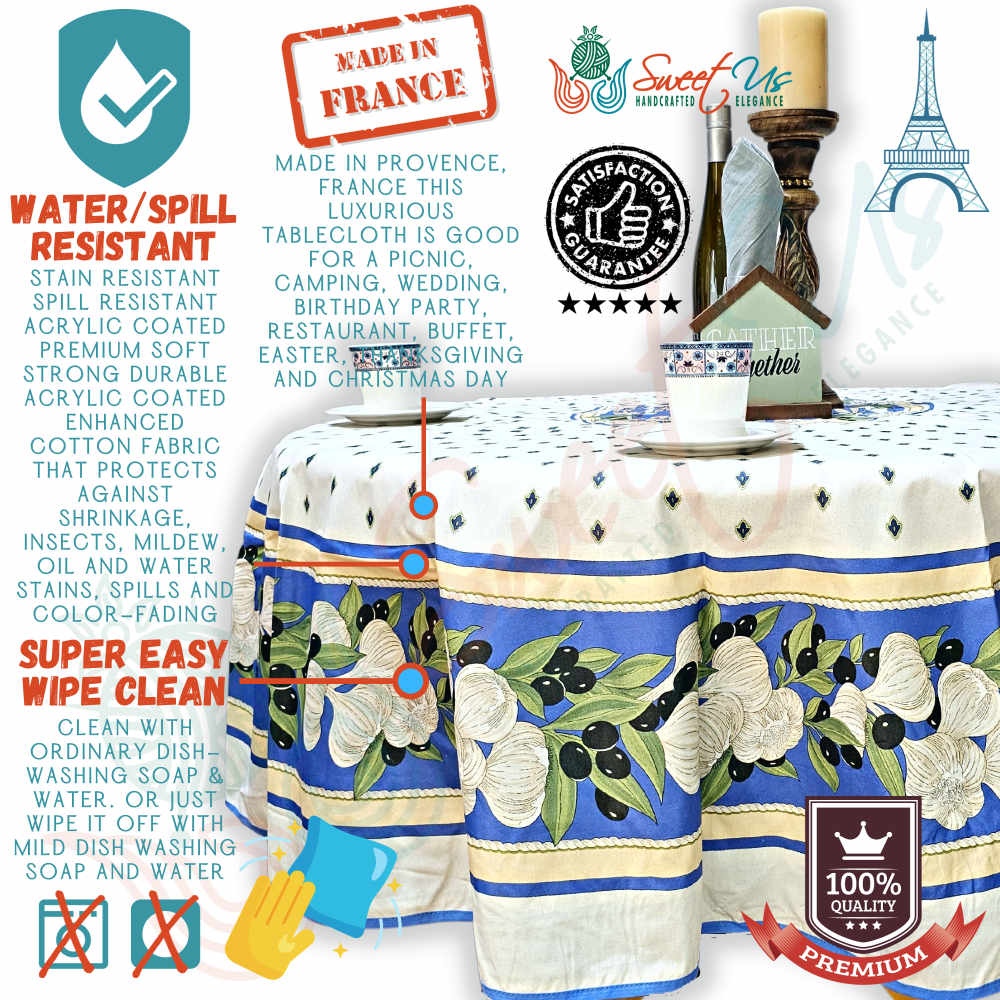Herbal Vineyard Wipeable Tablecloth Stain Resistant French Acrylic Coated, Sky