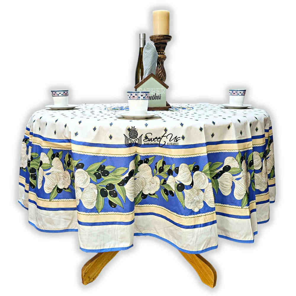 Herbal Vineyard Wipeable Tablecloth Stain Resistant French Acrylic Coated, Sky