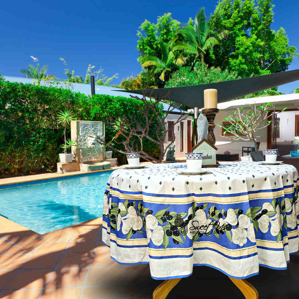 Herbal Vineyard Wipeable Tablecloth Stain Resistant French Acrylic Coated, Sky