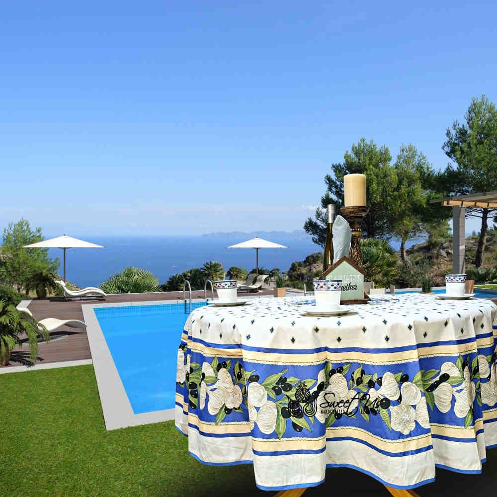 Herbal Vineyard Wipeable Tablecloth Stain Resistant French Acrylic Coated, Sky