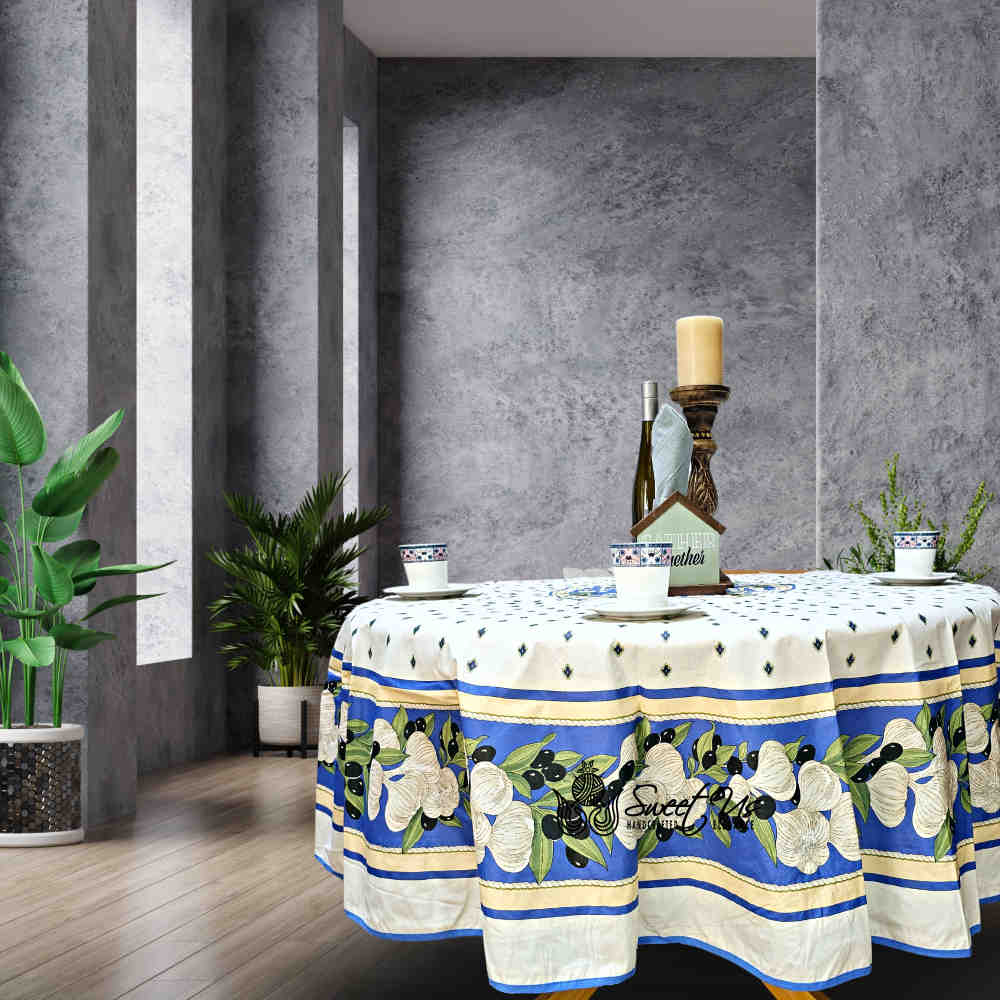 Herbal Vineyard Wipeable Tablecloth Stain Resistant French Acrylic Coated, Sky