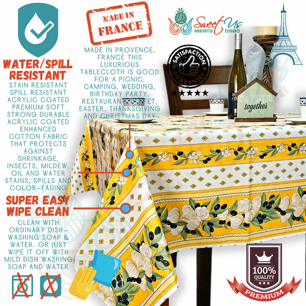Herbal Vineyard Wipeable Tablecloth Stain Resistant French Acrylic Coated, Gold