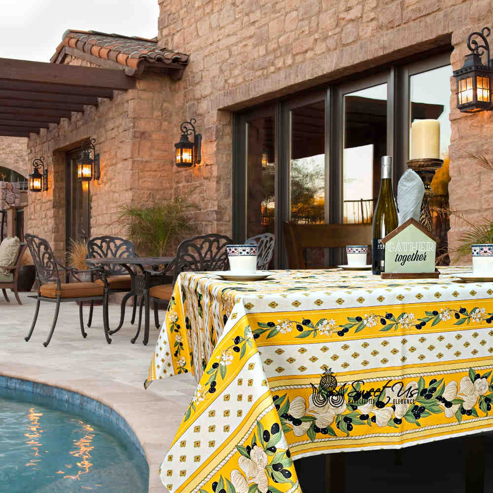 Herbal Vineyard Wipeable Tablecloth Stain Resistant French Acrylic Coated, Gold