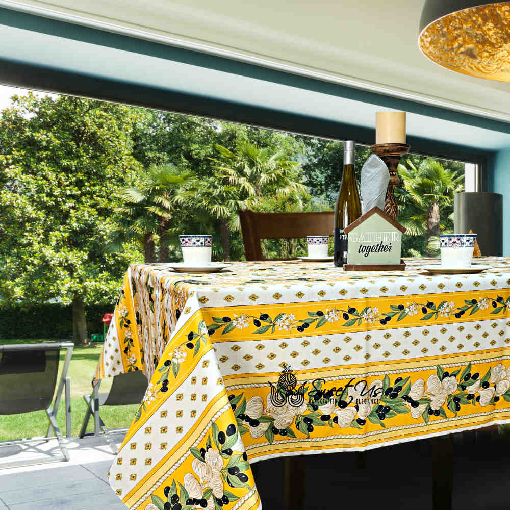 Herbal Vineyard Wipeable Tablecloth Stain Resistant French Acrylic Coated, Gold