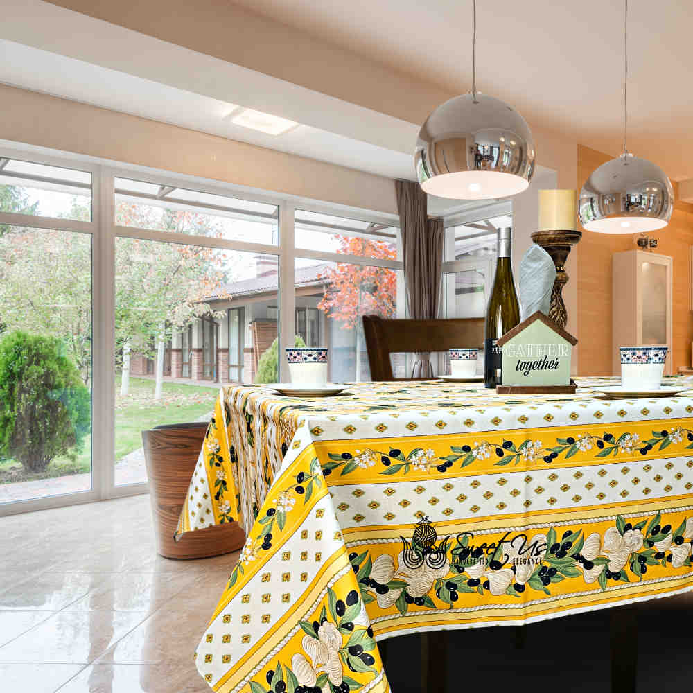 Herbal Vineyard Wipeable Tablecloth Stain Resistant French Acrylic Coated, Gold