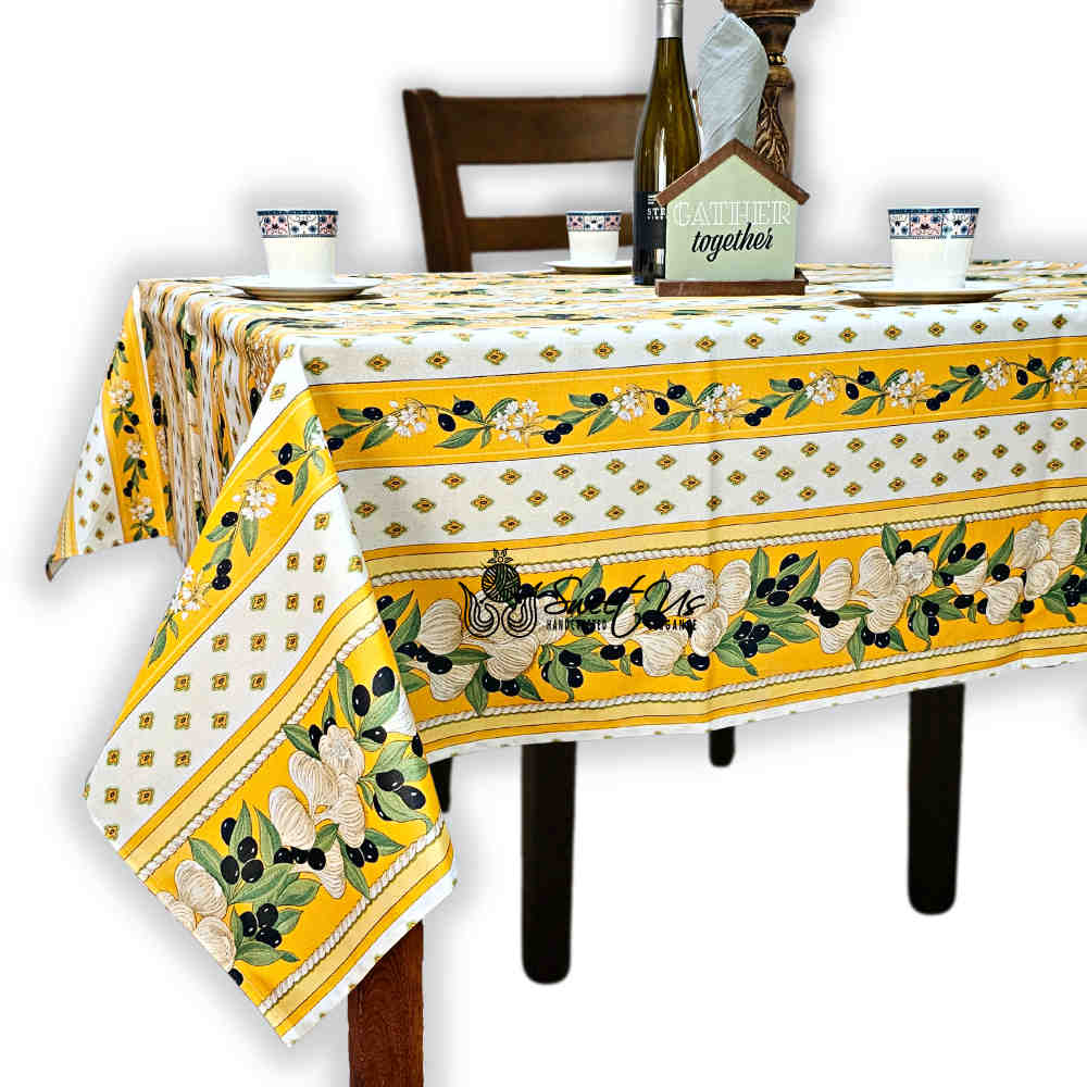 Herbal Vineyard Wipeable Tablecloth Stain Resistant French Acrylic Coated, Gold