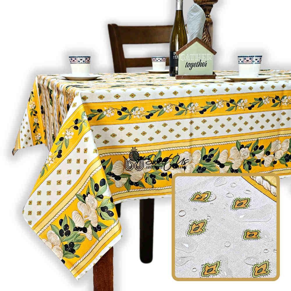 Herbal Vineyard Wipeable Tablecloth Stain Resistant French Acrylic Coated, Gold
