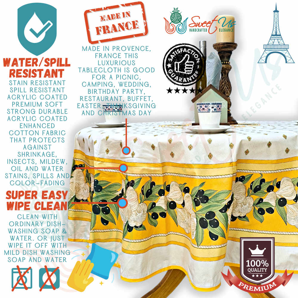 Herbal Vineyard Wipeable Tablecloth Stain Resistant French Acrylic Coated, Gold