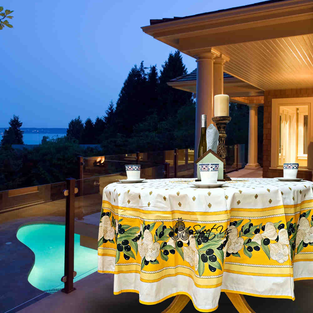 Herbal Vineyard Wipeable Tablecloth Stain Resistant French Acrylic Coated, Gold