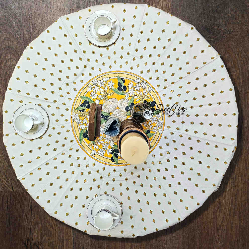 Herbal Vineyard Wipeable Tablecloth Stain Resistant French Acrylic Coated, Gold