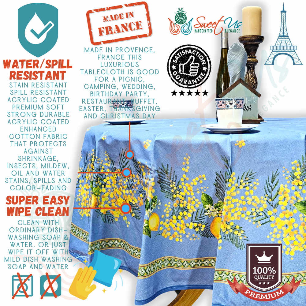 Citronnée Wipeable Tablecloth, Stain Resistant, French Acrylic Coated, Bleu