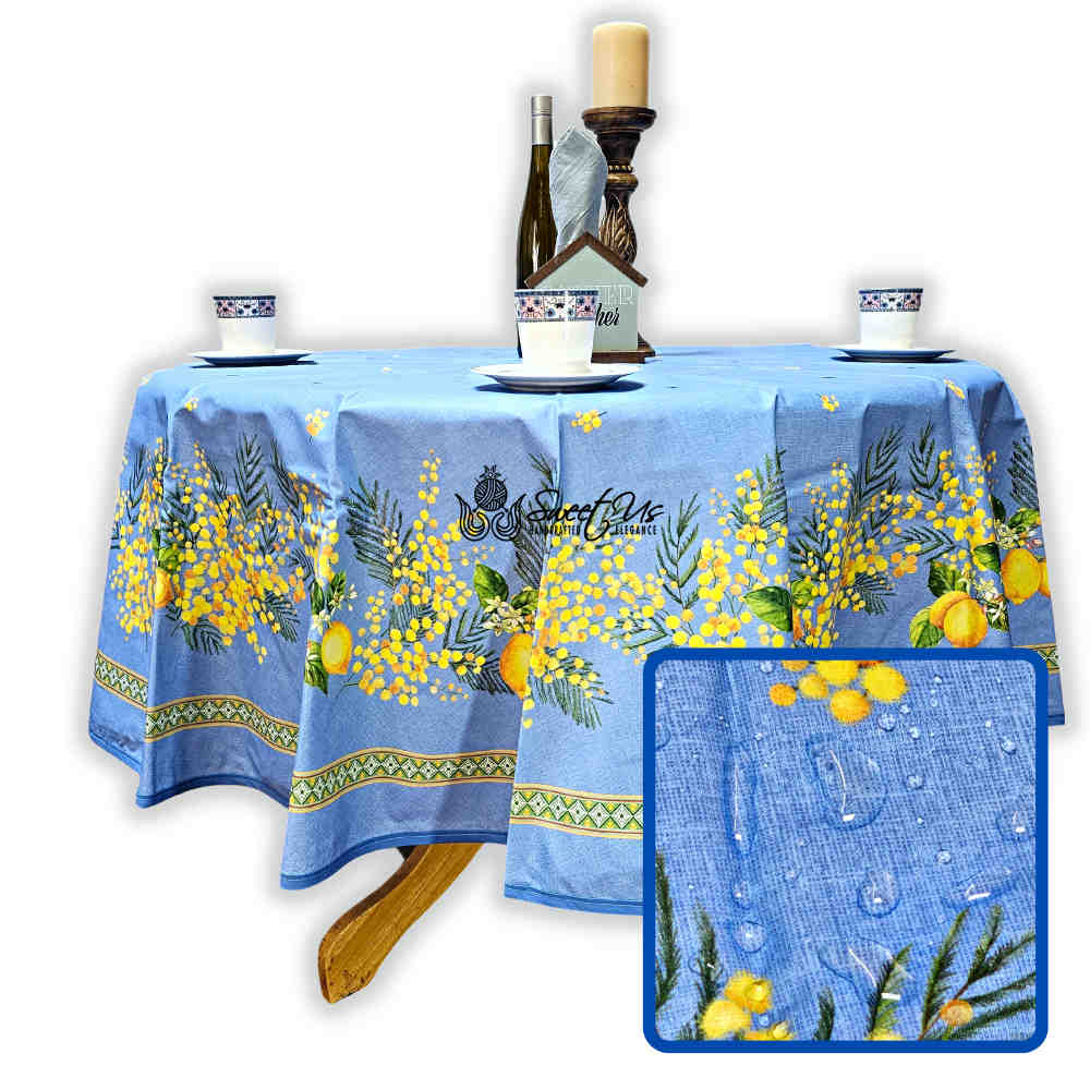 Citronnée Wipeable Tablecloth, Stain Resistant, French Acrylic Coated, Bleu