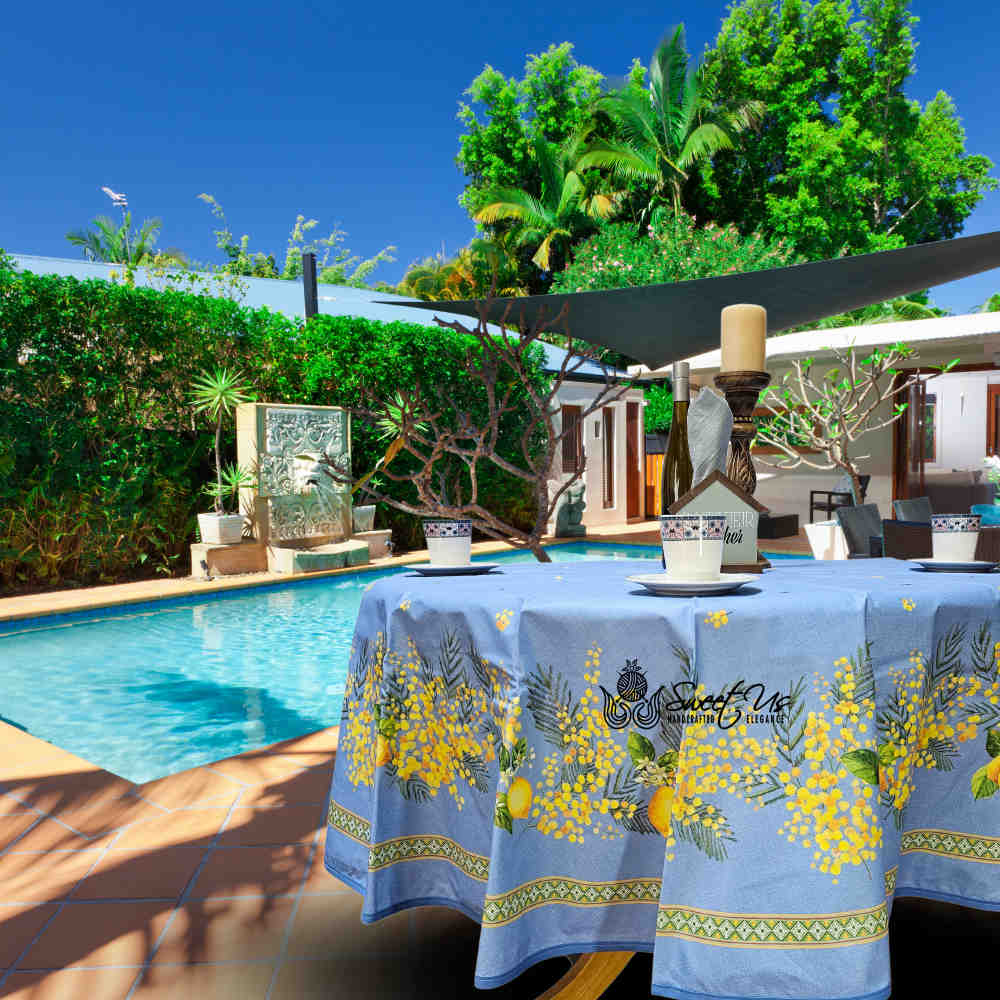 Citronnée Wipeable Tablecloth, Stain Resistant, French Acrylic Coated, Bleu