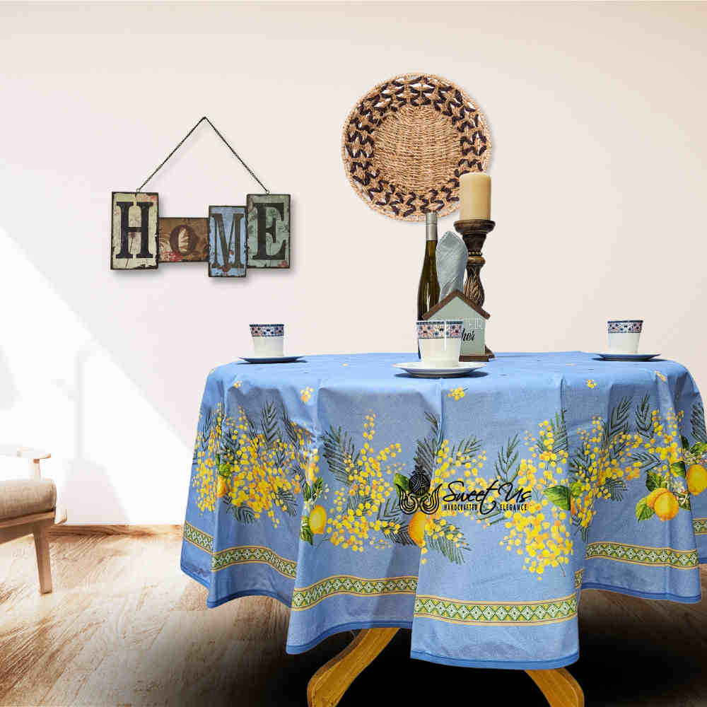 Citronnée Wipeable Tablecloth, Stain Resistant, French Acrylic Coated, Bleu