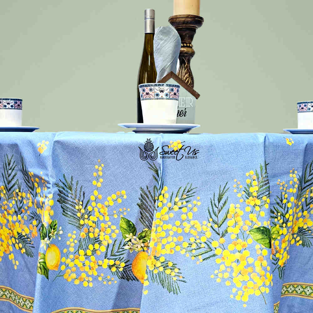 Citronnée Wipeable Tablecloth, Stain Resistant, French Acrylic Coated, Bleu