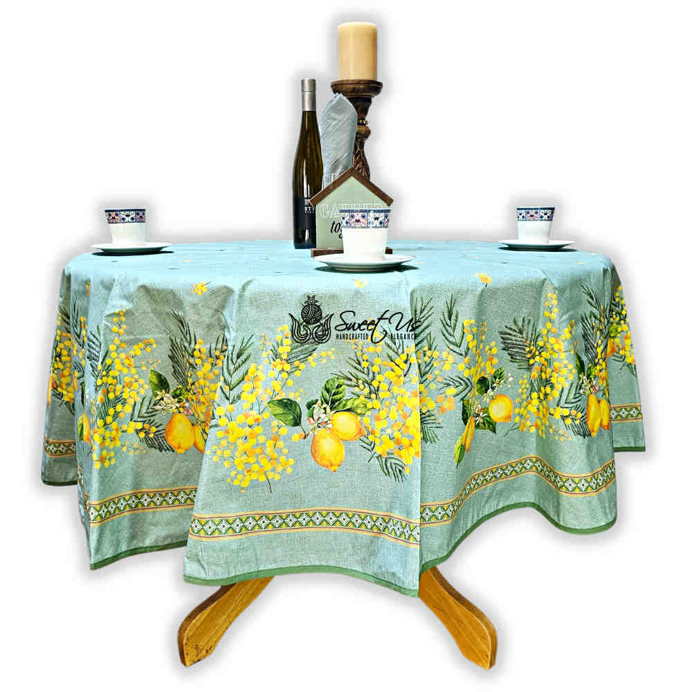 Citronnée Wipeable Tablecloth, Stain Resistant, French Acrylic Coated, Green
