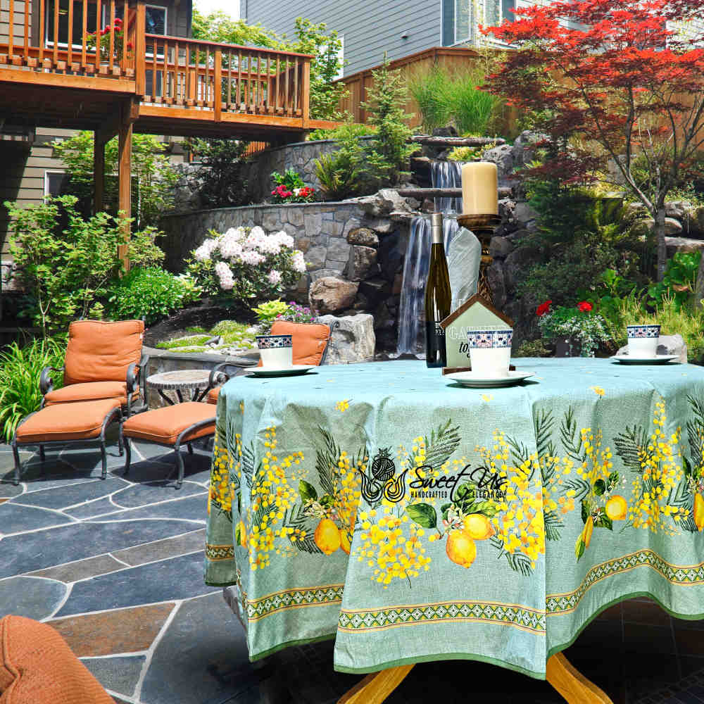 Citronnée Wipeable Tablecloth, Stain Resistant, French Acrylic Coated, Green