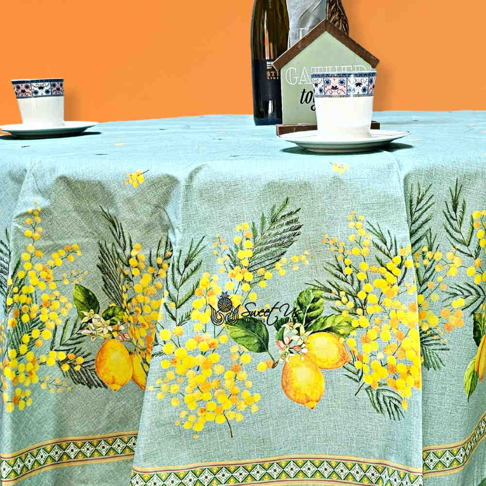 Citronnée Wipeable Tablecloth, Stain Resistant, French Acrylic Coated, Green