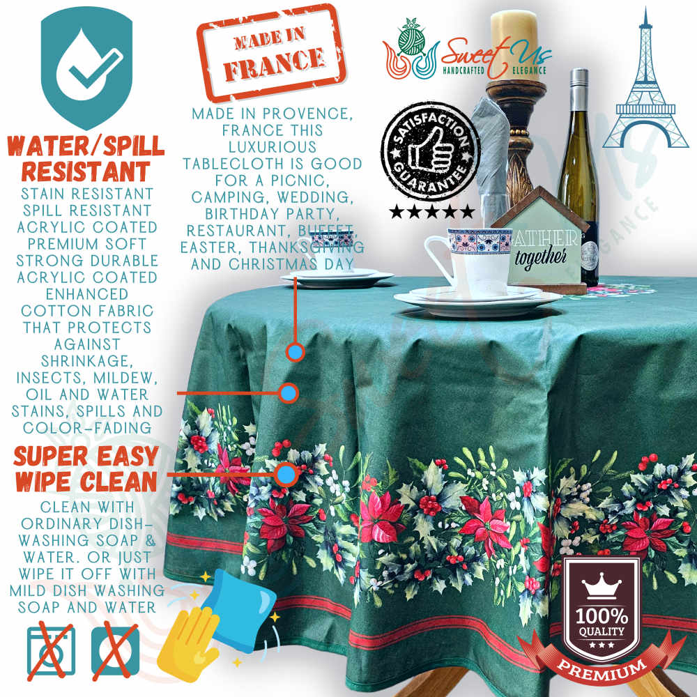 Christmas Cheer Acrylic Coated Wipeable Spill Resistant French Tablecloth, Fir