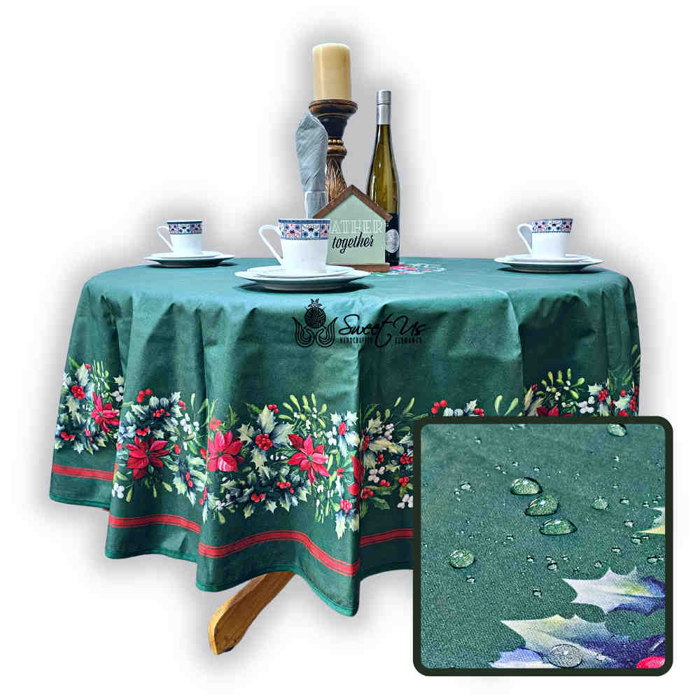 Christmas Cheer Acrylic Coated Wipeable Spill Resistant French Tablecloth, Fir