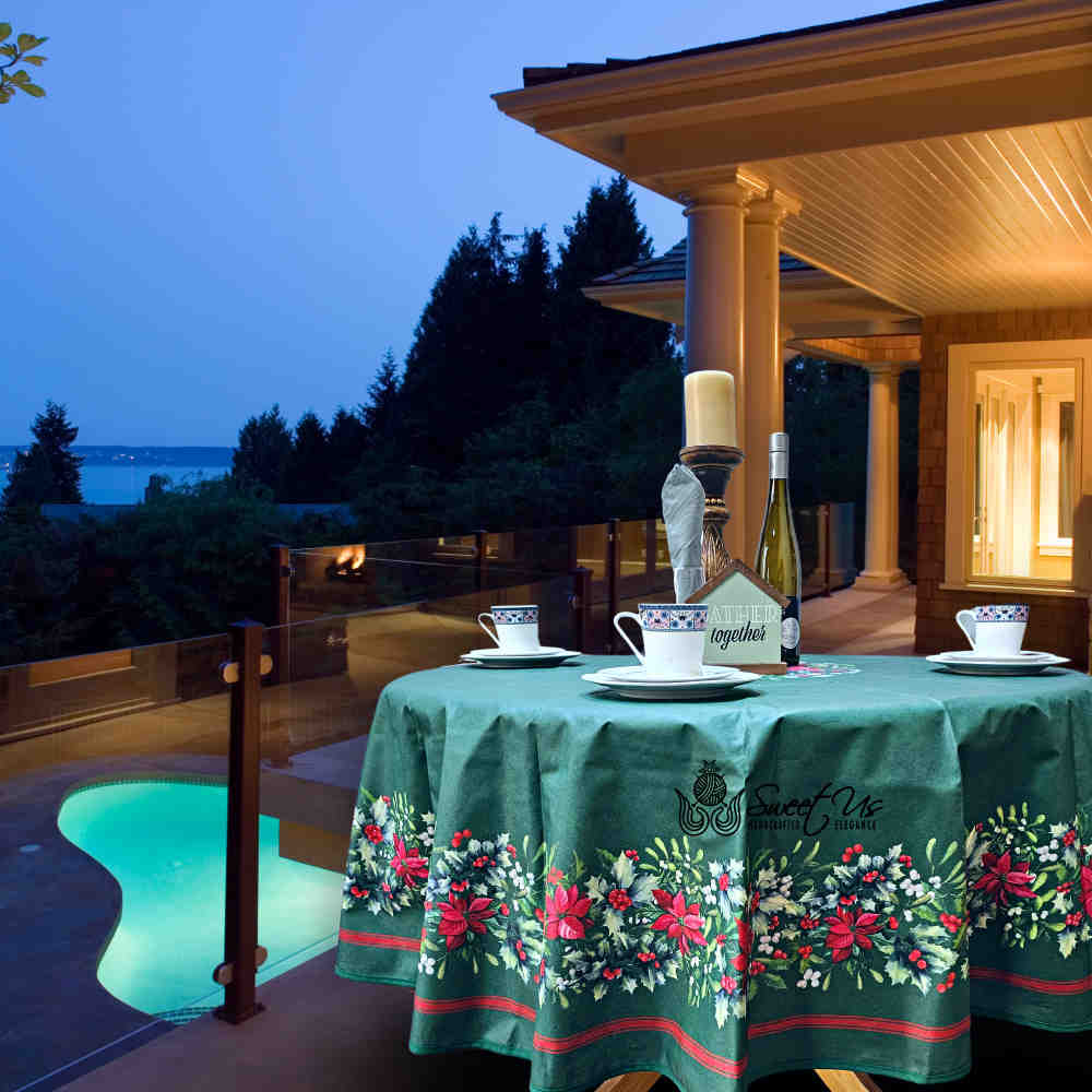 Christmas Cheer Acrylic Coated Wipeable Spill Resistant French Tablecloth, Fir