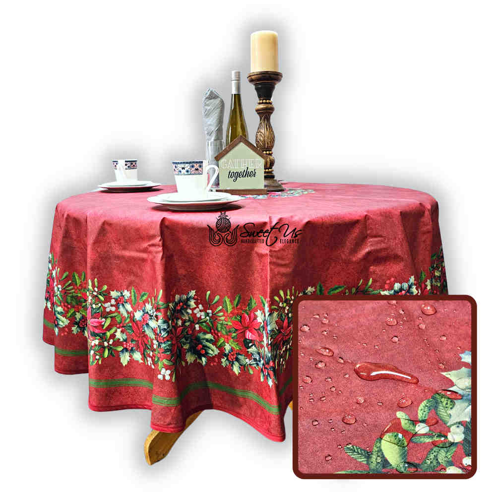 Christmas Cheer Acrylic Coated Wipeable Spill Resistant French Tablecloth Rouge
