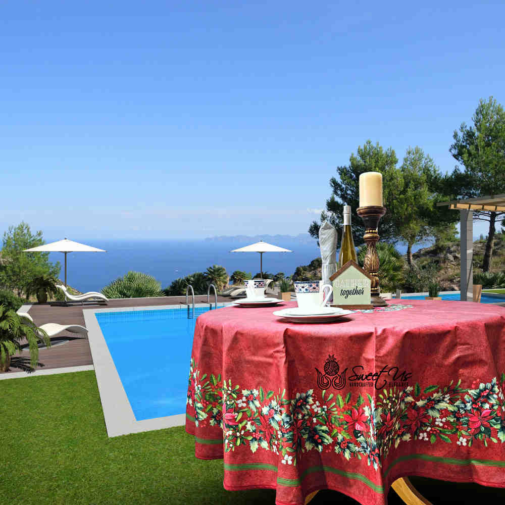 Christmas Cheer Acrylic Coated Wipeable Spill Resistant French Tablecloth Rouge