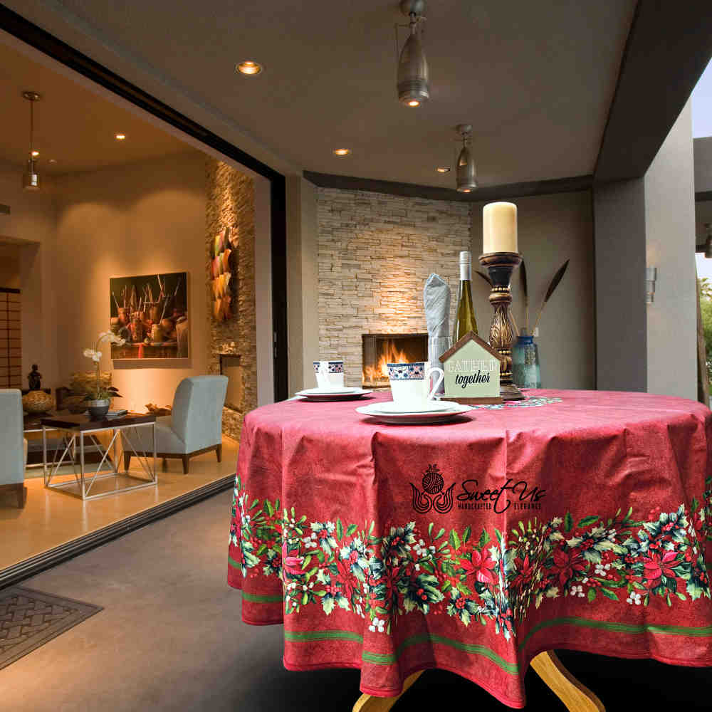 Christmas Cheer Acrylic Coated Wipeable Spill Resistant French Tablecloth Rouge