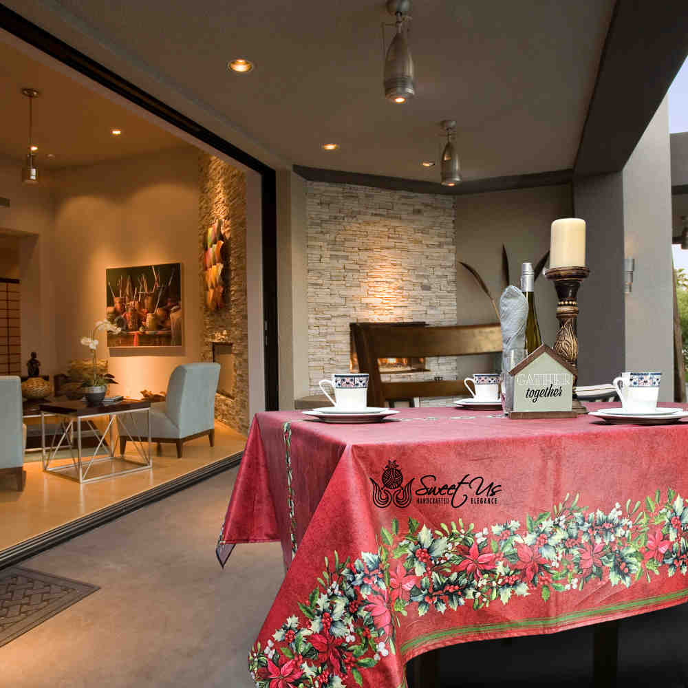 Christmas Cheer Acrylic Coated Wipeable Spill Resistant French Tablecloth Rouge