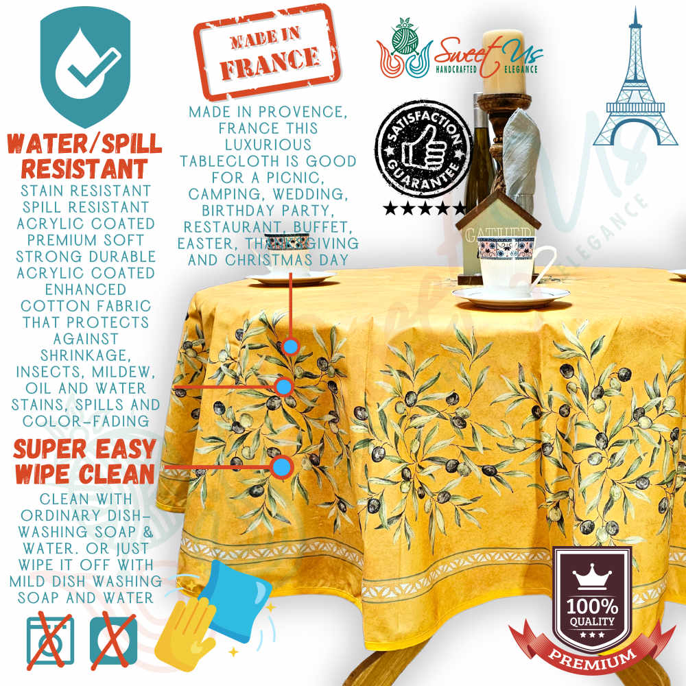Provence d'Olives Wipeable Tablecloth, Spillproof, French Acrylic Coated, Gold
