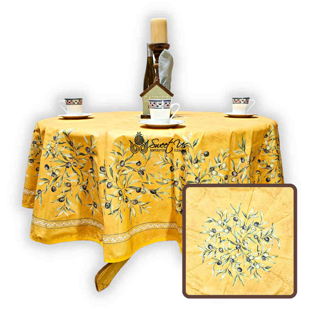 Provence d'Olives Wipeable Tablecloth, Spillproof, French Acrylic Coated, Gold