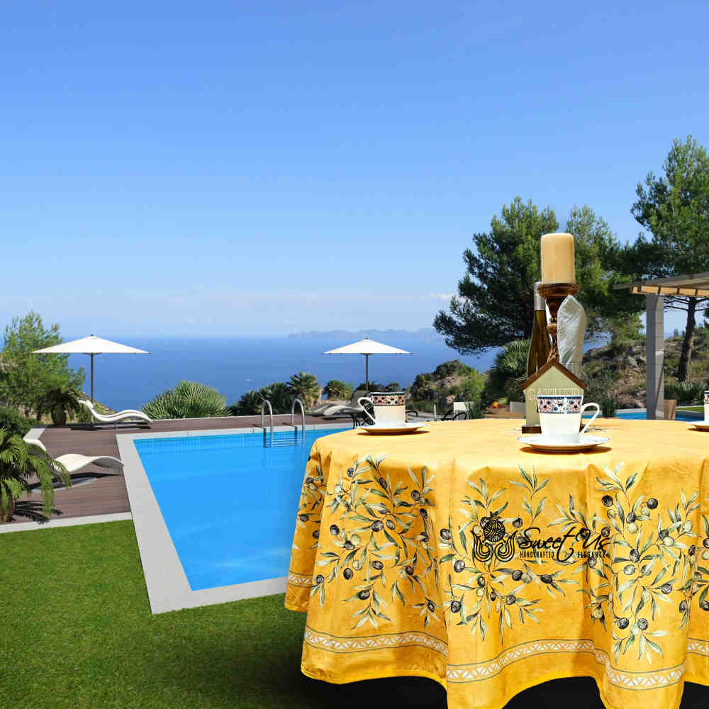 Provence d'Olives Wipeable Tablecloth, Spillproof, French Acrylic Coated, Gold