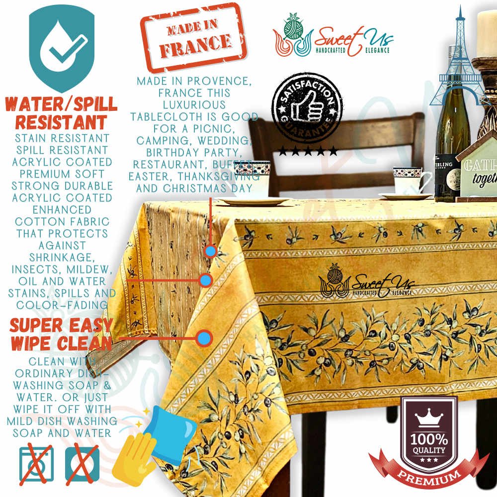Provence d'Olives Wipeable Tablecloth, Spillproof, French Acrylic Coated, Gold