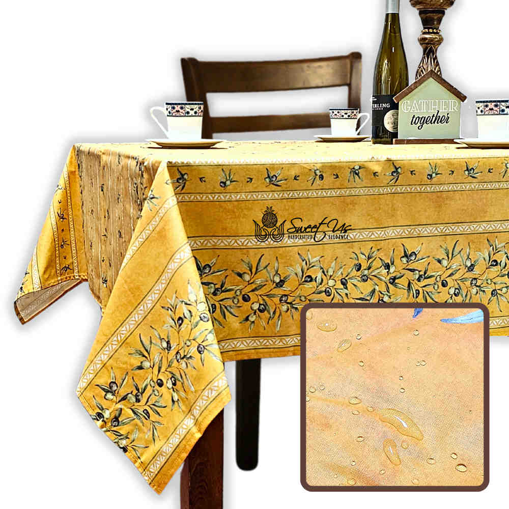 Provence d'Olives Wipeable Tablecloth, Spillproof, French Acrylic Coated, Gold