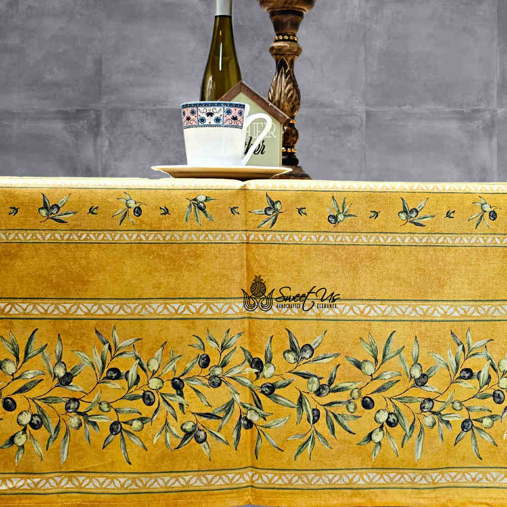 Provence d'Olives Wipeable Tablecloth, Spillproof, French Acrylic Coated, Gold