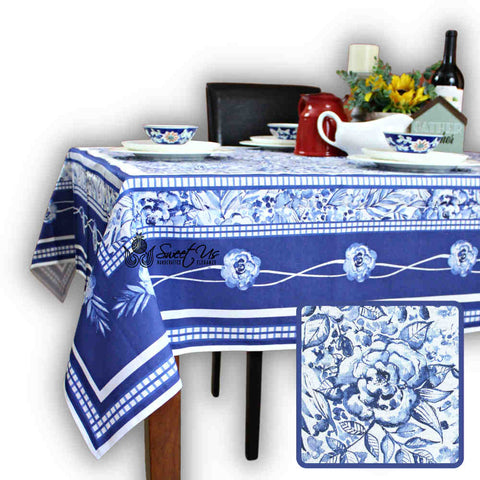 La Marseille French Floral Organic Cotton Tablecloth Rectangle, Provence Sky
