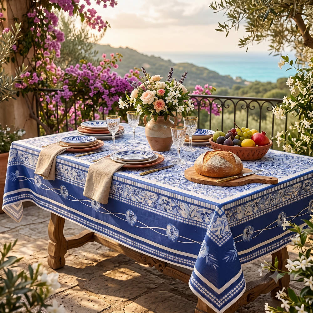 La Marseille French Floral Organic Cotton Tablecloth — Provence Sky - Sweet Us