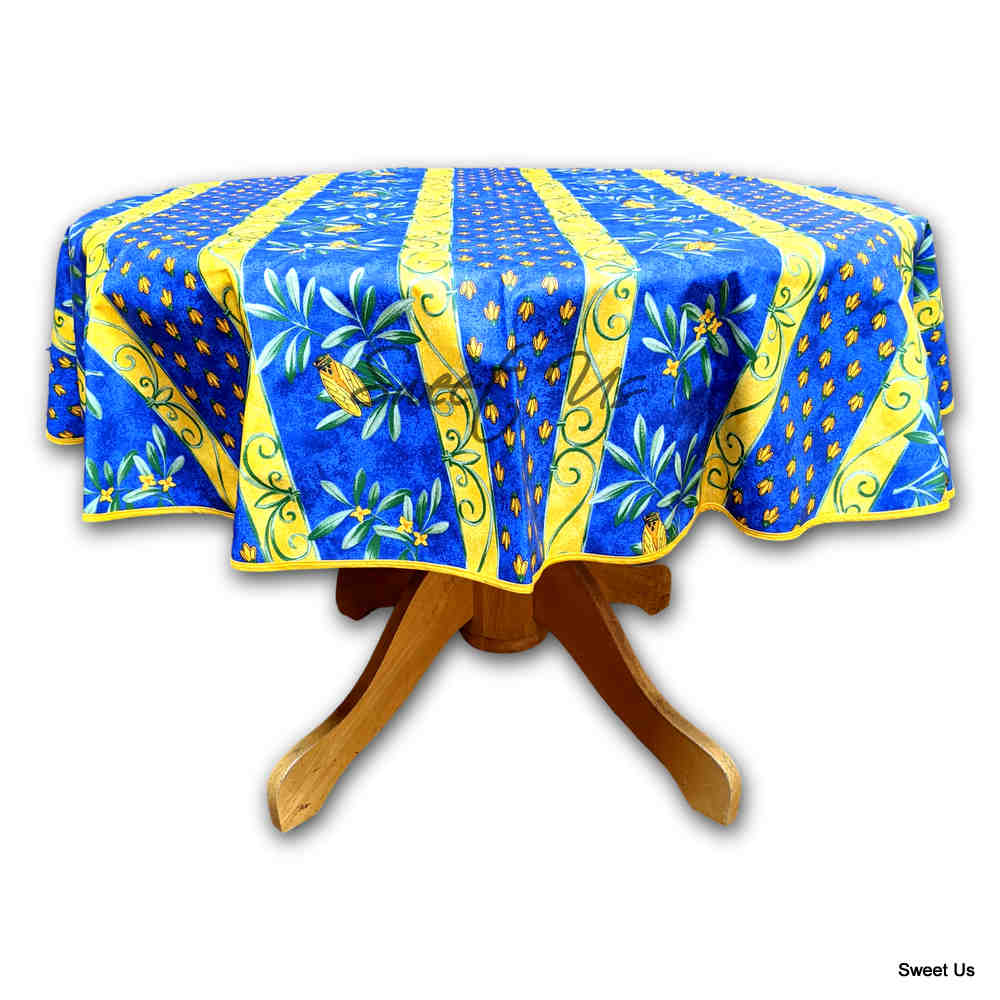 Wipeable Tablecloth Rectangle, Round Spillproof French Acrylic Coated Blue Bees