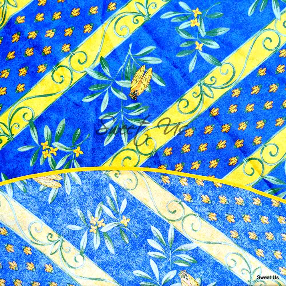 Wipeable Tablecloth Rectangle, Round Spillproof French Acrylic Coated Blue Bees