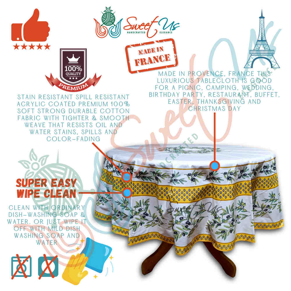 Wipeable Tablecloth Round Spillproof French Acrylic Coated Fleur Oliviers Yellow